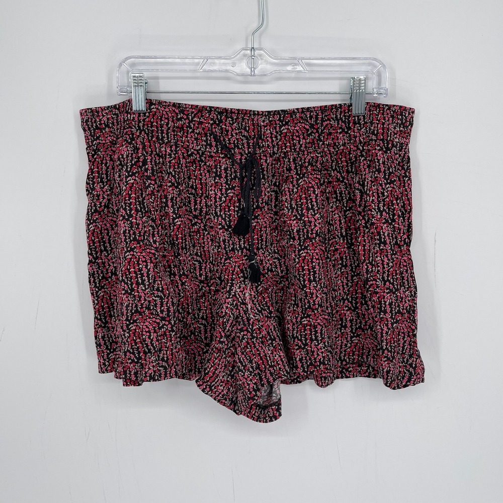 Ann Taylor LOFT Women's Pink Black Floral Tassel Drawstring Boho Shorts Size L